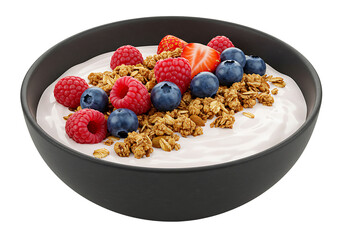 A bowl of yogurt topped with granola blueberries raspberries  a strawberry Set against a black background