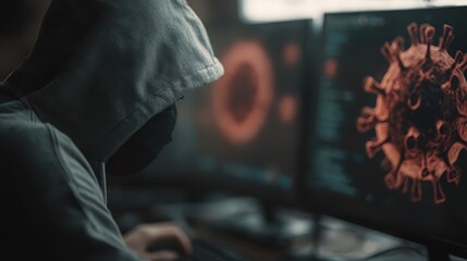 Anonymous hacker in hoodie working on computer with virus code and digital graphics in dark environment