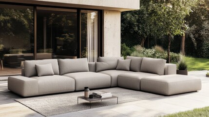Obraz premium Modern Outdoor Living: Luxurious Sofa and Tranquil Garden Setting