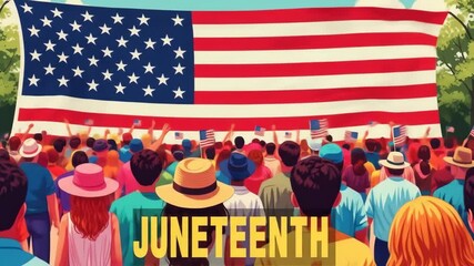 Juneteenth Celebration: Crowd Waving American Flags in Unity and Freedom