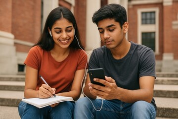 Indian College Friends Studying Together on Campus Steps