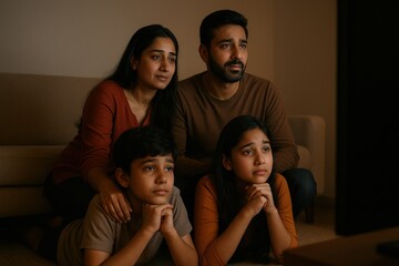 Indian Family Watching TV Together, Cozy Evening Bonding