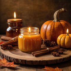 A warm autumn still life with glowing candles, vibrant orange pumpkins, cinnamon sticks, and star anise on a rustic wooden board with scattered fall leaves. Evokes a cozy, seasonal atmosphere.