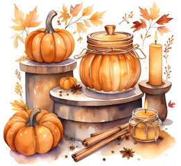 A cozy watercolor autumn still life with warm orange pumpkins, candles, cinnamon sticks, and scattered fall leaves, evoking seasonal warmth and comfort. Ideal for Halloween and Thanksgiving holidays