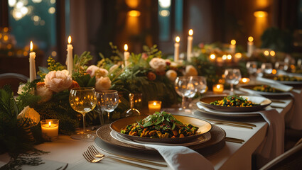 A festive blurred background captures a beautifully set dinner table adorned with glowing candles and lush green foliage, creating a warm, elegant ambiance for celebrations and gatherings.