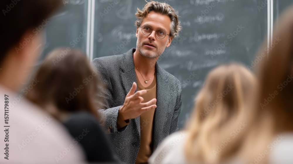 Poster engaging lecture led by a professor in a classroom filled with attentive students during an interact