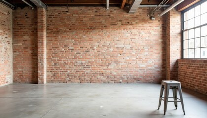 Urban studio space with industrial brick wall and metal stool available for creative activities
