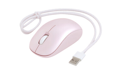 Pink wired computer mouse on white background.
