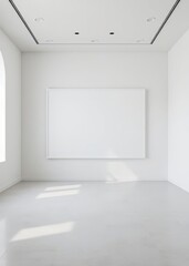 Minimalistic style art studio space mockup huge white framed blank art canvas on large wall in minimal room soft day light gallery exhibition exposure ai generative Empty room interior design 