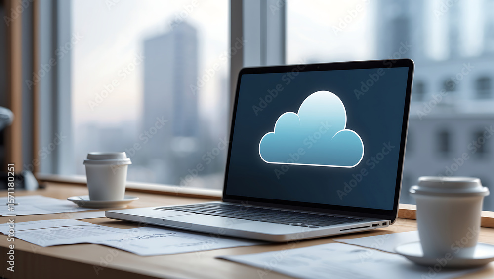 Poster modern laptop displaying cloud computing icon on desk with coffee cups and documents