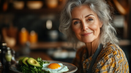 Smiling Senior Woman Separating Egg in Kitchen
