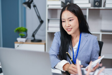 Accountant woman working on financial investment on calculator, calculation, business growth...