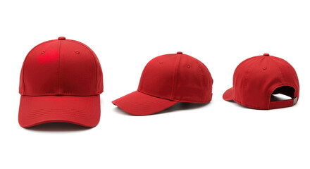 Three different angles view of a baseball cap in red, flat, isolated on a white background.