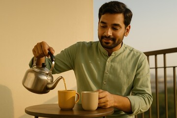 Indian Man Pouring Morning Chai, Peaceful Breakfast Routine