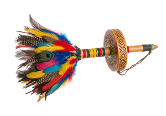 A ceremonial Native American prayer stick adorned with colorful feathers and a decorated wooden wheel