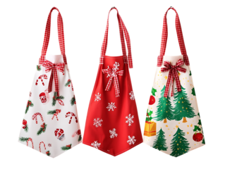 Three festive christmas aprons with candy canes snowflakes and trees isolated on transparent background