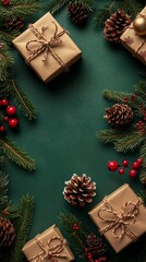 Festive Christmas scene with wrapped gifts, pine cones, and holly berries arranged on a deep green background, creating a cozy and elegant holiday composition