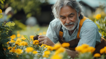 Senior Man Tending to Plants in a Garden