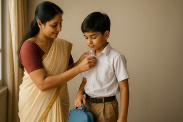 Indian Mother Getting Son Ready for School, Morning Routine