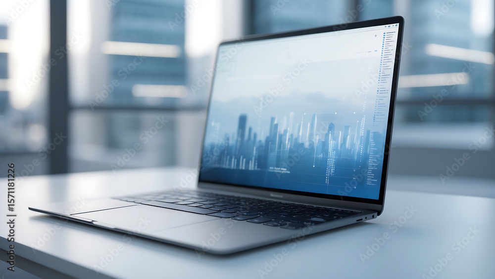Poster modern laptop displaying financial data in front of a blurred office window background