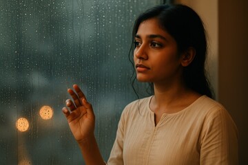 Indian Woman Looking Out Rainy Window, Monsoon Nostalgia
