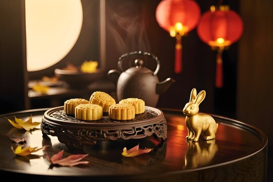 Mooncake Feast and Lunar Lanterns: A beautifully lit, mouthwatering display of mooncakes, the traditional sweet of the harvest festival, and lunar lanterns in the backdrop.