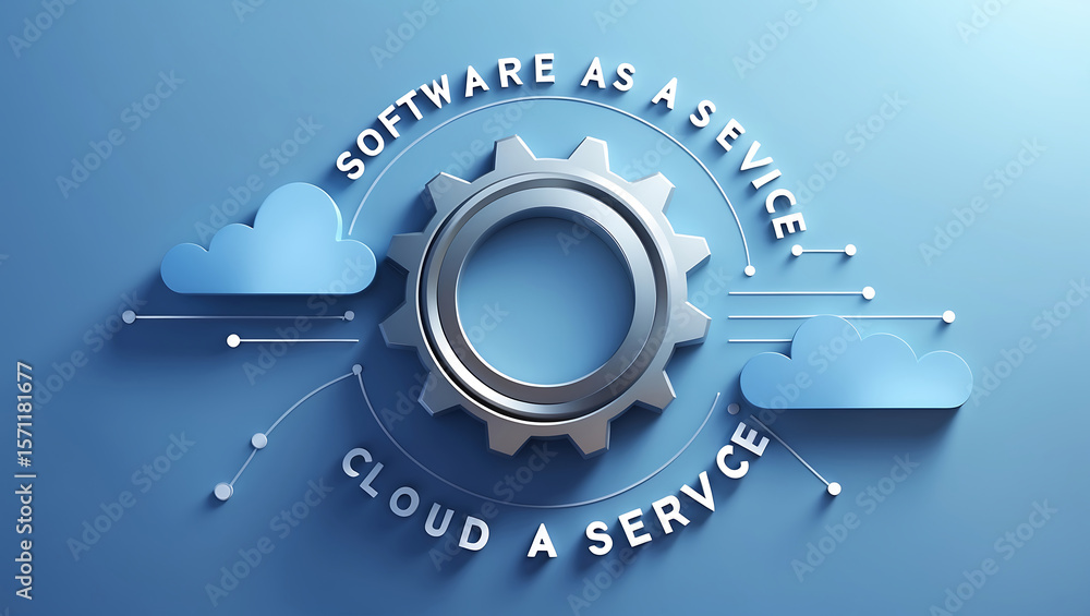 Poster software as a service and cloud service concept represented with clouds and gear