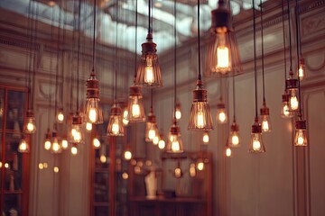 Obraz premium Warm, antique-style light bulbs hang from a high ceiling, casting a soft glow in a vintage room