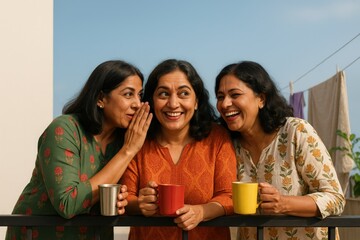 Indian Women Laughing and Sharing Tea on Balcony, Friendship Moment