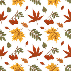 Seamless autumn pattern with leaves, berries