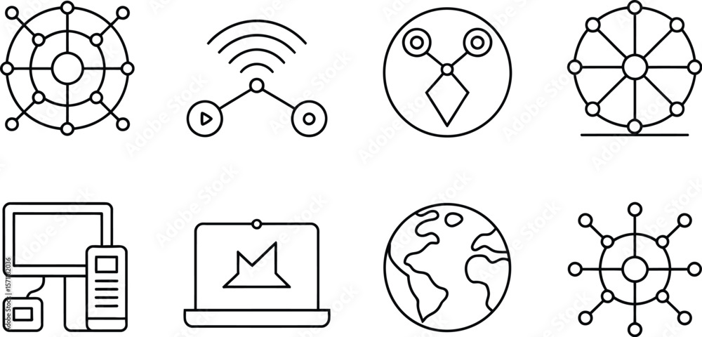 Poster a collection of line icons representing global networks and digital connections