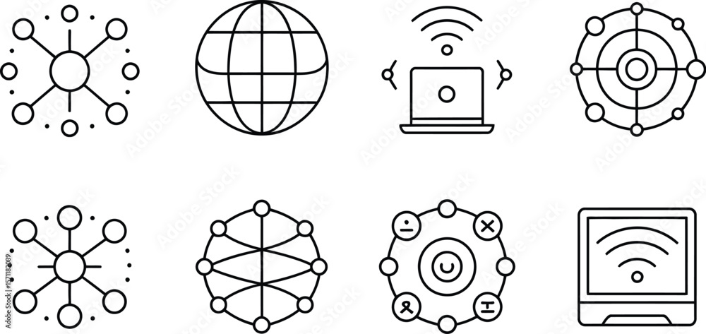 Poster a set of line icons illustrating global networks and digital connections