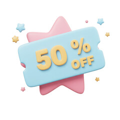 A 3d render of a blue and pink 50 percent off coupon, isolated on transparent background