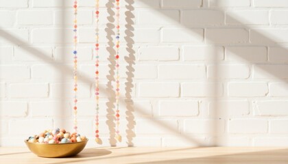 Creative display of colorful beads in natural light against a white brick wall in a cozy indoor setting