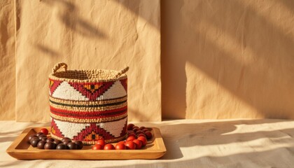 Woven basket with colorful beads displayed on a wooden tray against a textured background