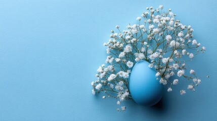 Pastel blue egg nestled in delicate white baby's breath flowers against a light blue background