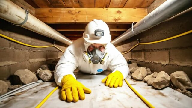 A man in a protective suit and mask crawls through a tight crawlspace under a house, inspecting plumbing and pipes