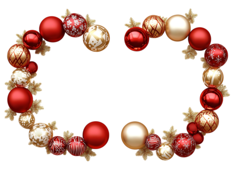 Elegant red and gold christmas ornaments with glittering stars isolated on transparent background