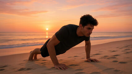Young man doing push-ups on sandy beach at sunset with ocean waves and colorful sky in the background. Focused workout. Outdoor fitness.