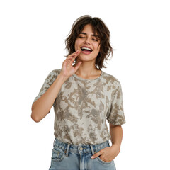 Joyful young woman covering her mouth in surprise on isolated transparent background, happy girl with expressive face