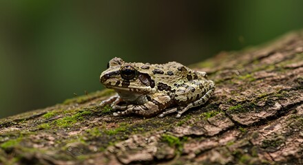 Camouflaged Tree Frog Resting on Textured Bark Branch in Lush Forest Habitat