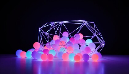 Colorful glowing spheres scattered around geometric structure with vibrant neon lights at a creative art installation