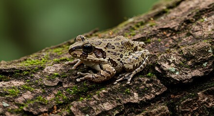 Naklejka premium Wild Frog Blending Seamlessly with Moss and Bark on a Tree Branch