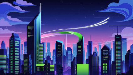 Naklejka premium Stylized cityscape illustration depicting modern buildings under a vibrant night sky