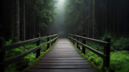 Wooden bridge surrounded by misty forest at twilight creates serene and mysterious atmosphere, with lush greenery and tall trees fading into fog
