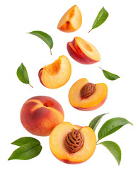 Obraz premium Fresh juicy peaches and vibrant green leaves arranged artistically on a clean white background