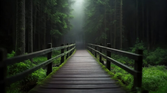 Wooden bridge surrounded by misty forest at twilight creates serene and mysterious atmosphere, with lush greenery and tall trees fading into fog