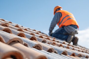 Worker repairing roof tiles under clear blue sky, showcasing cra