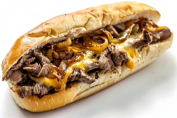 A Philly cheesesteak sandwich on a white background