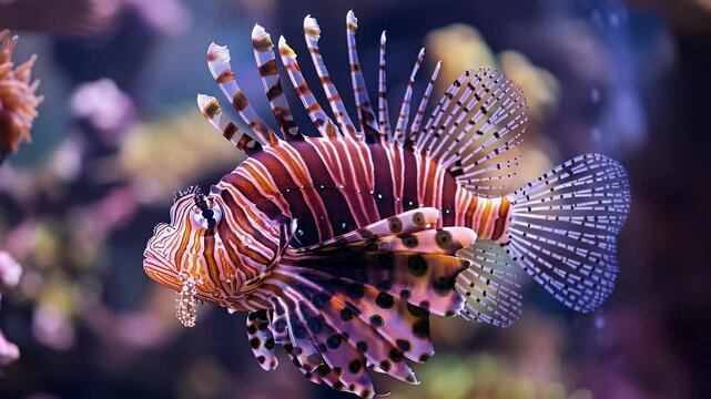 Vibrant close-up of a fish showcasing intricate patterns and colors swimming in a marine environment. Fish with stripes and spines amidst blurry coral background with soft lighting
